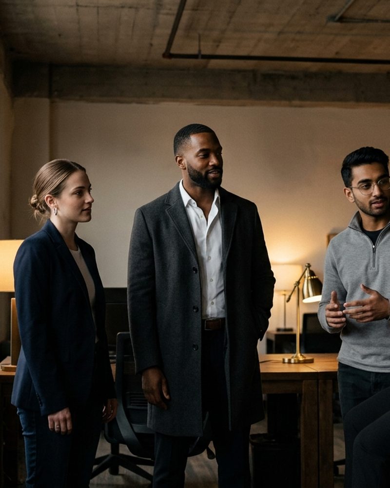Three Marble consultants standing together in a working office, one talking with his hands open while the other two listen