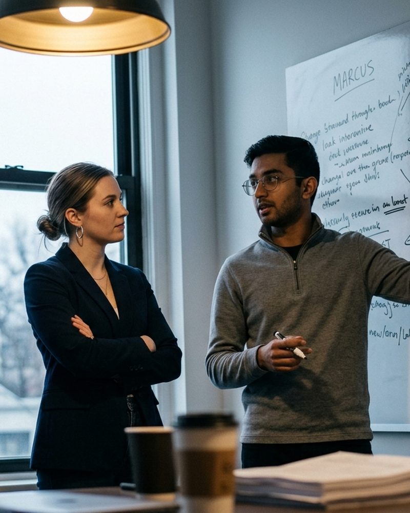 A consultant taking the team through a client's product at the board