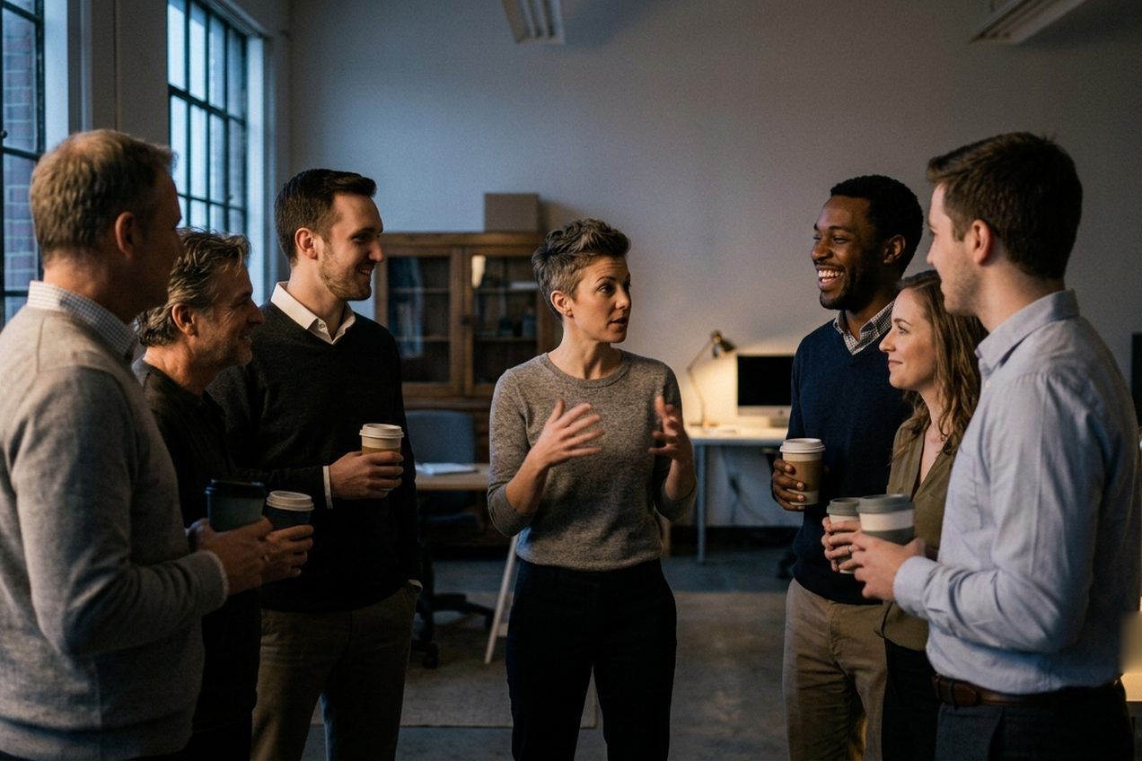 The team talking together before the market opens