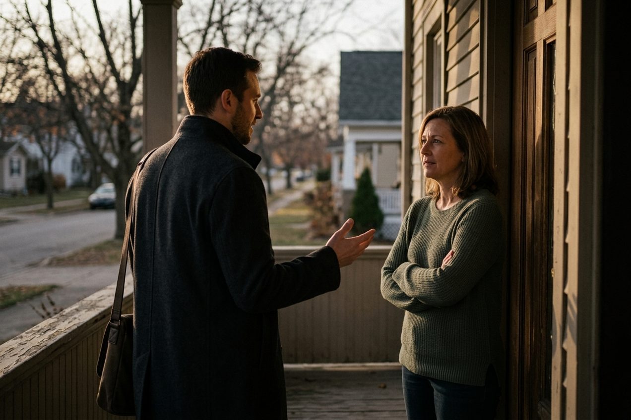 A consultant talking with a homeowner on her porch