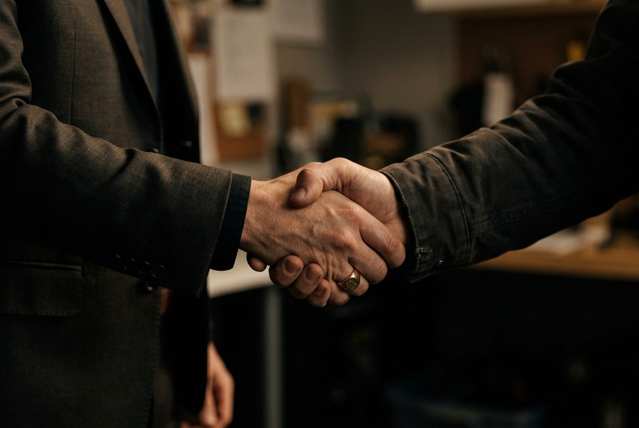A handshake closing a deal across a counter