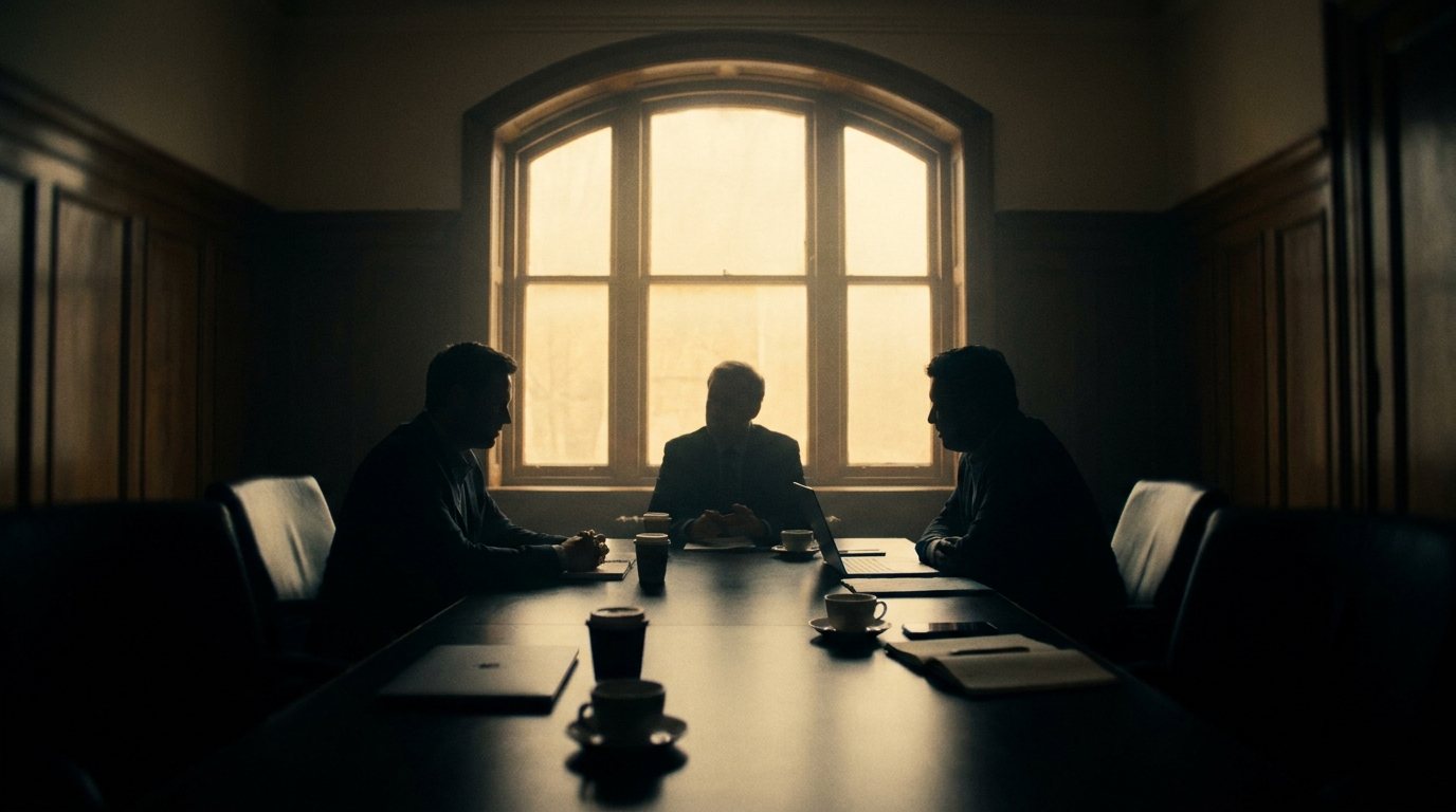 A first meeting across a boardroom table, three figures in conversation against the window