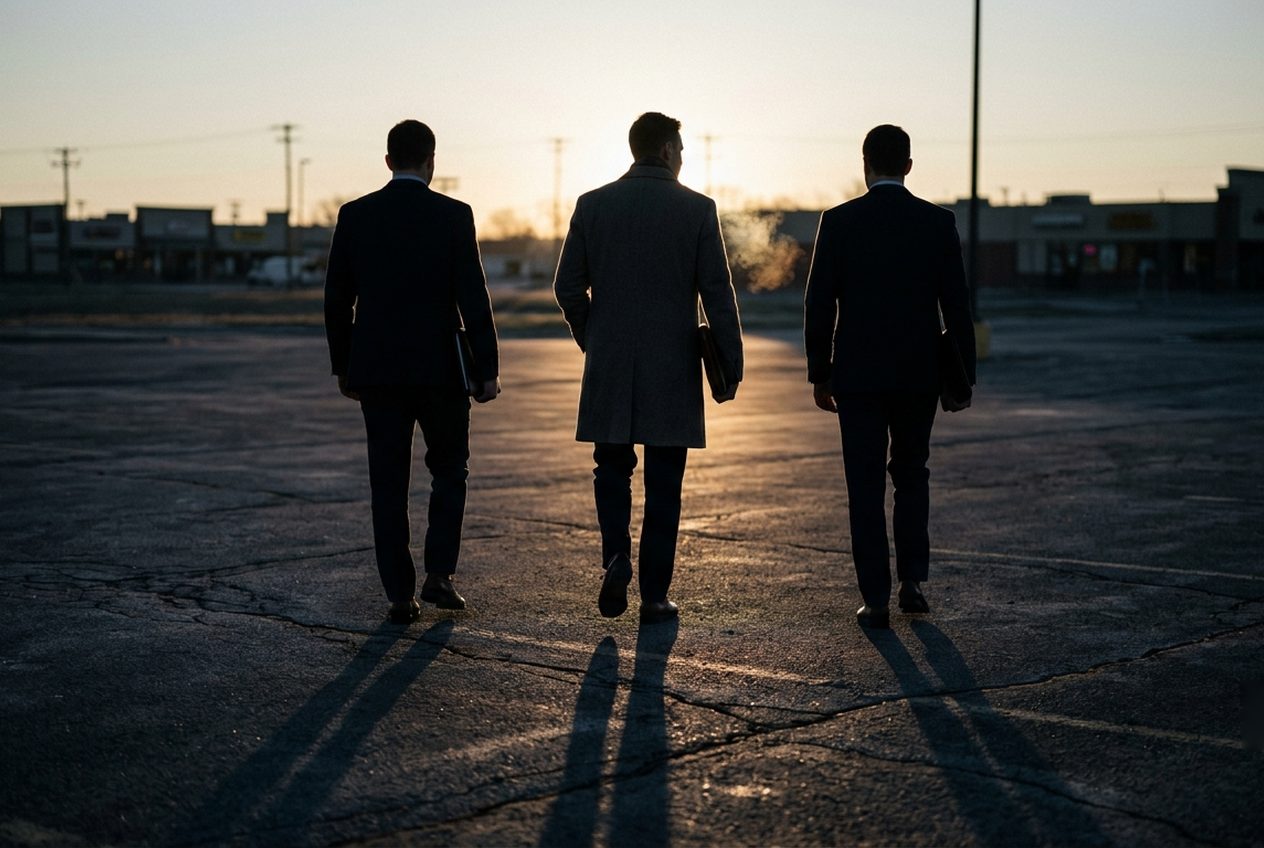Three consultants walking out across a lot at dusk