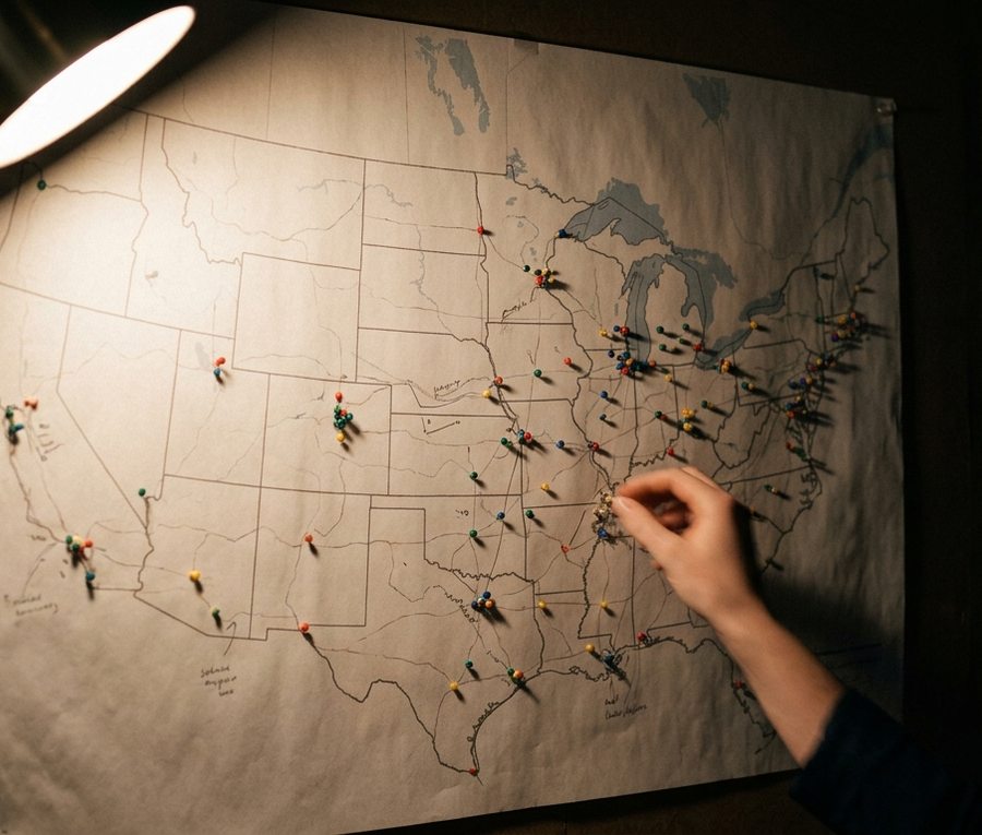 A territory map pinned where the team has covered
