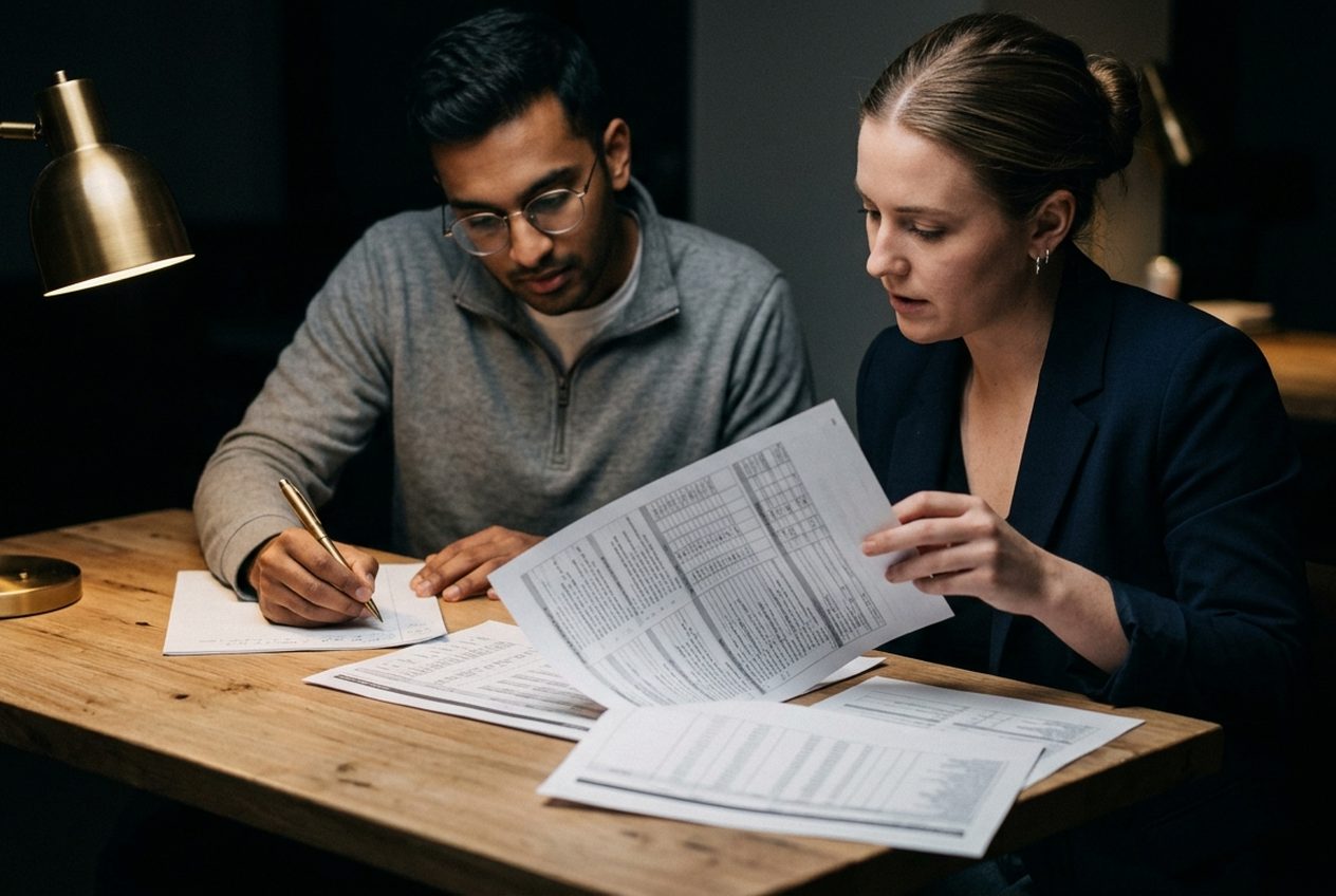 Two people working through a question at a desk under a lit lamp