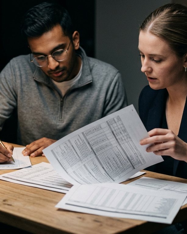 Two people reading a printed campaign report at a table